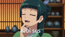 a picture of a girl with the word kibi sus written on it