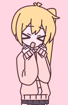 a cartoon drawing of a girl with blonde hair and a pink sweater