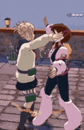 a couple of anime characters are standing next to each other on a brick sidewalk .