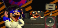 a cartoon character is wearing headphones and sunglasses while dancing in front of a speaker .