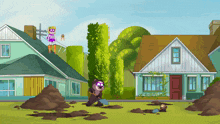 a cartoon drawing of a man digging a hole in the ground with a superhero in the background