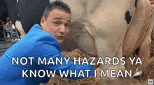a man in a blue suit is standing next to a cow with the words not many hazards ya know what i mean