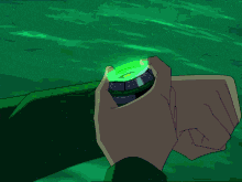 a person is wearing a green watch with a green light coming out of the top