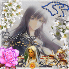 a picture of a woman with flowers and the words good day on it