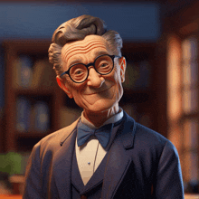 an old man wearing glasses and a bow tie looks at the camera