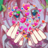 a girl with pink hair is surrounded by hearts