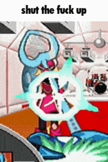 a cartoon character is standing in front of a drum set and says shut the fuck up