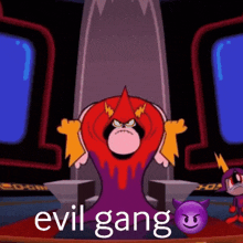 a cartoon character is sitting on a throne with the words `` evil gang '' written on the bottom .