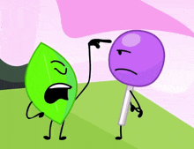 a green leaf and a purple lollipop are standing next to each other and pointing at each other