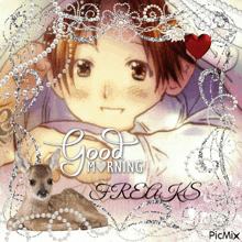 a picture of a boy and a deer with the words good morning freaks on it
