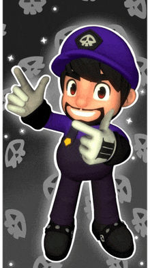 a cartoon character wearing a purple hat with a skull on it giving a peace sign