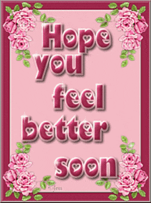 a pink greeting card that says " hope you feel better soon "