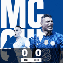 a blue and white poster with soccer players and the words mc on it