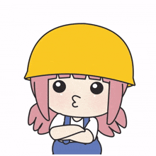a girl wearing a yellow hard hat says no with a speech bubble above her head