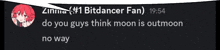 a screenshot of a conversation between zinnia and # 1 bitdancer fan