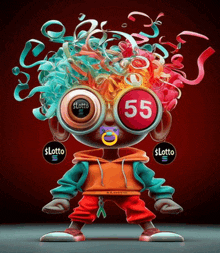 a cartoon character has a pacifier in his mouth and the number 55 is on his head