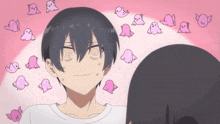 a boy with a swirl in his eyes is surrounded by pink ghosts