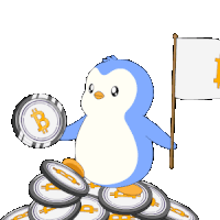 a penguin is holding a coin with a b on it