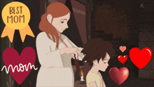 a cartoon of a woman brushing a child 's hair with a best mom badge above them