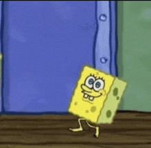 spongebob squarepants is standing in front of a blue door and smiling .