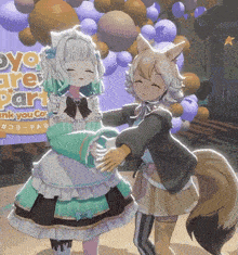 two anime characters are hugging in front of a thank you card