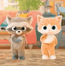 a raccoon and a cat are standing next to each other in a living room .