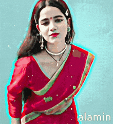 a painting of a woman in a red and green saree with the name alamin written below her