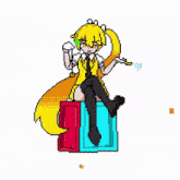 a pixel art drawing of a girl sitting on a block