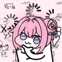 a cartoon girl with pink hair and purple eyes is holding a piece of paper in front of a math background .