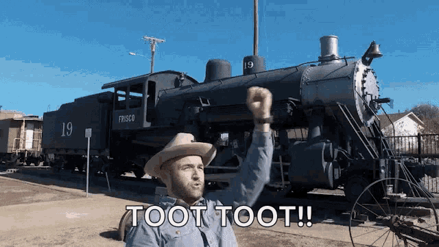 Un gif d'un homme faisant toot toot à côté d'une locomotive