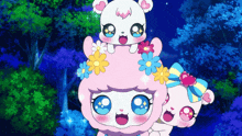 a couple of cartoon characters standing next to each other with flowers in their hair