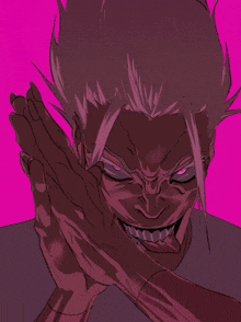 a drawing of a man with purple eyes making a funny face with his tongue out