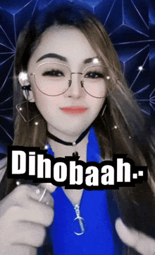 a woman wearing glasses and a choker has the word dinobaah written on her face