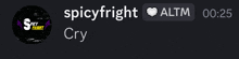 a black screen with the name spicyfright and the time of 00:25