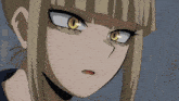 a close up of a girl with yellow eyes