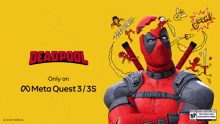 a poster for marvel deadpool vr that is only on meta quest 3 / 3s