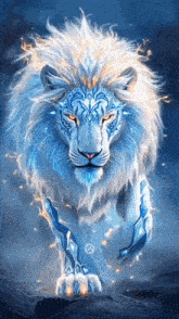 a white lion with blue markings on its body is standing on top of a rock .