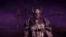 a video game character is standing in front of a red light .