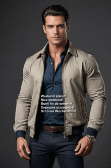 a man wearing a jacket and a blue shirt is standing in front of a sign that says " weekend placut "