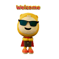 a cartoon character wearing sunglasses and a scarf with the words welcome behind him