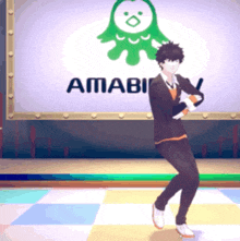 a man in a suit is dancing in front of an amabi sign