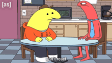 two cartoon characters sitting at a table with the words " don 't react " on the bottom right