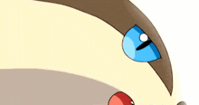 a close up of a cartoon character with a blue eye and red tongue