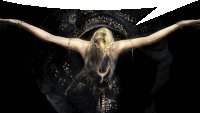 a woman with her arms outstretched has a white speech bubble above her head