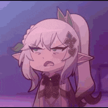 a cartoon girl with a ponytail and hearts on her hair is making a funny face .