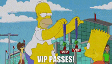a cartoon of homer simpson giving bart a vip pass .