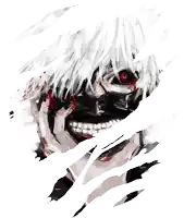 a black and white drawing of a man with red eyes