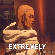 an extremely netflix poster features a bald man in a white robe