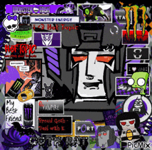 a collage of monster energy drinks stickers and a picture of a transformer