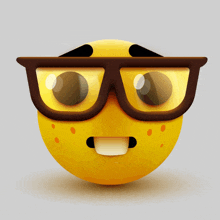 a yellow smiley face wearing glasses with a surprised look on its face